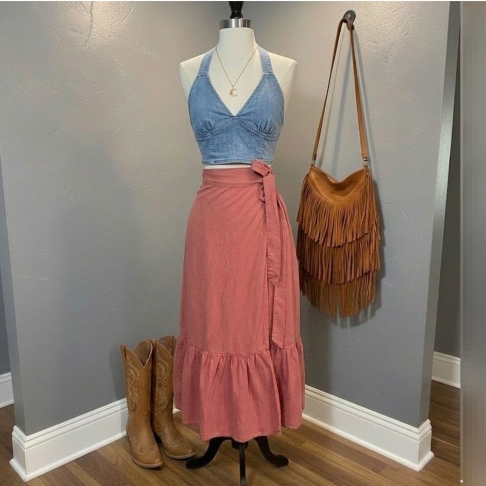 Forever 21 Rose Mauve Wrap Midi Skirt with Ruffle Hem
